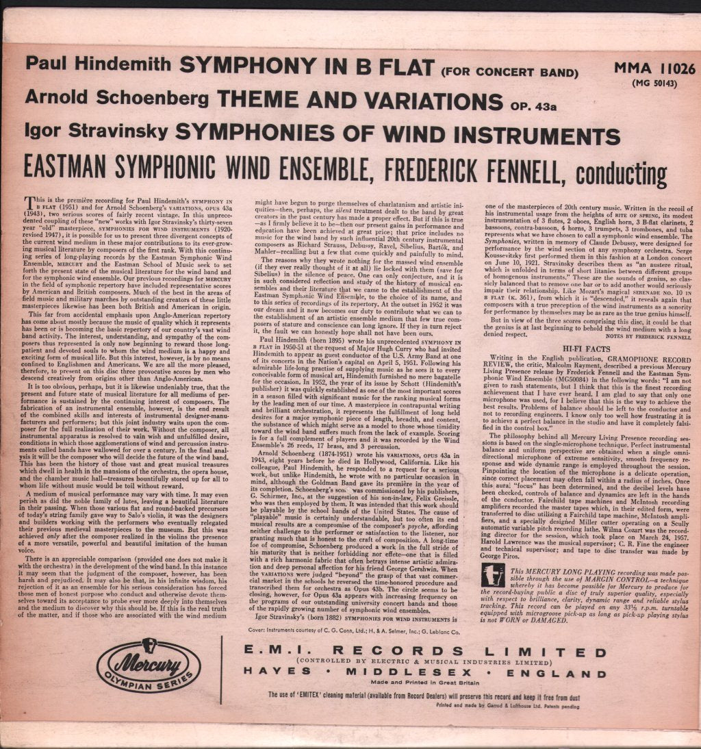 Frederick Fennell / Eastman Wind Ensemble - Hindemith - Symphony In B-Flat / Schoenberg - Theme And Variations / Stravinsky Symphonies Of Wind Instruments - Lp