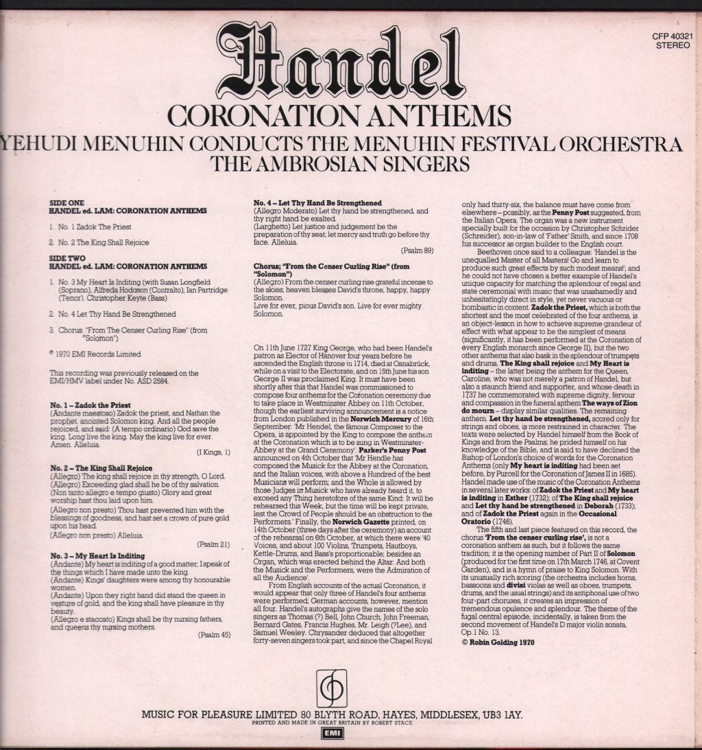Yehudi Menuhin / Menuhin Festival Orchestra / Ambrosian Singers - Handel - Coronation Anthems - Lp
