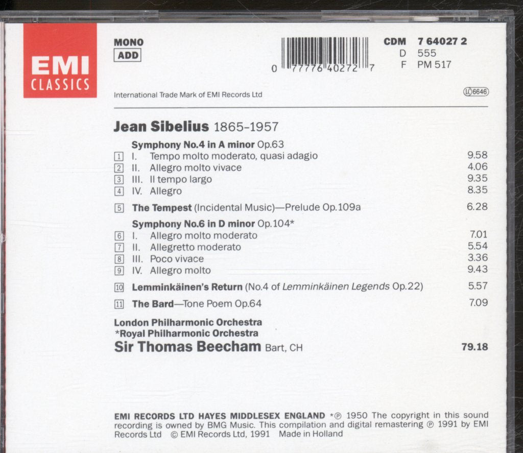 Royal Philharmonic Orchestra, Sir Thomas Beecham - Sibelius - Symphonies Nos. 4 & 6, Lemminkäinen's Return, The Bard, Prelude To The Tempest - Cd