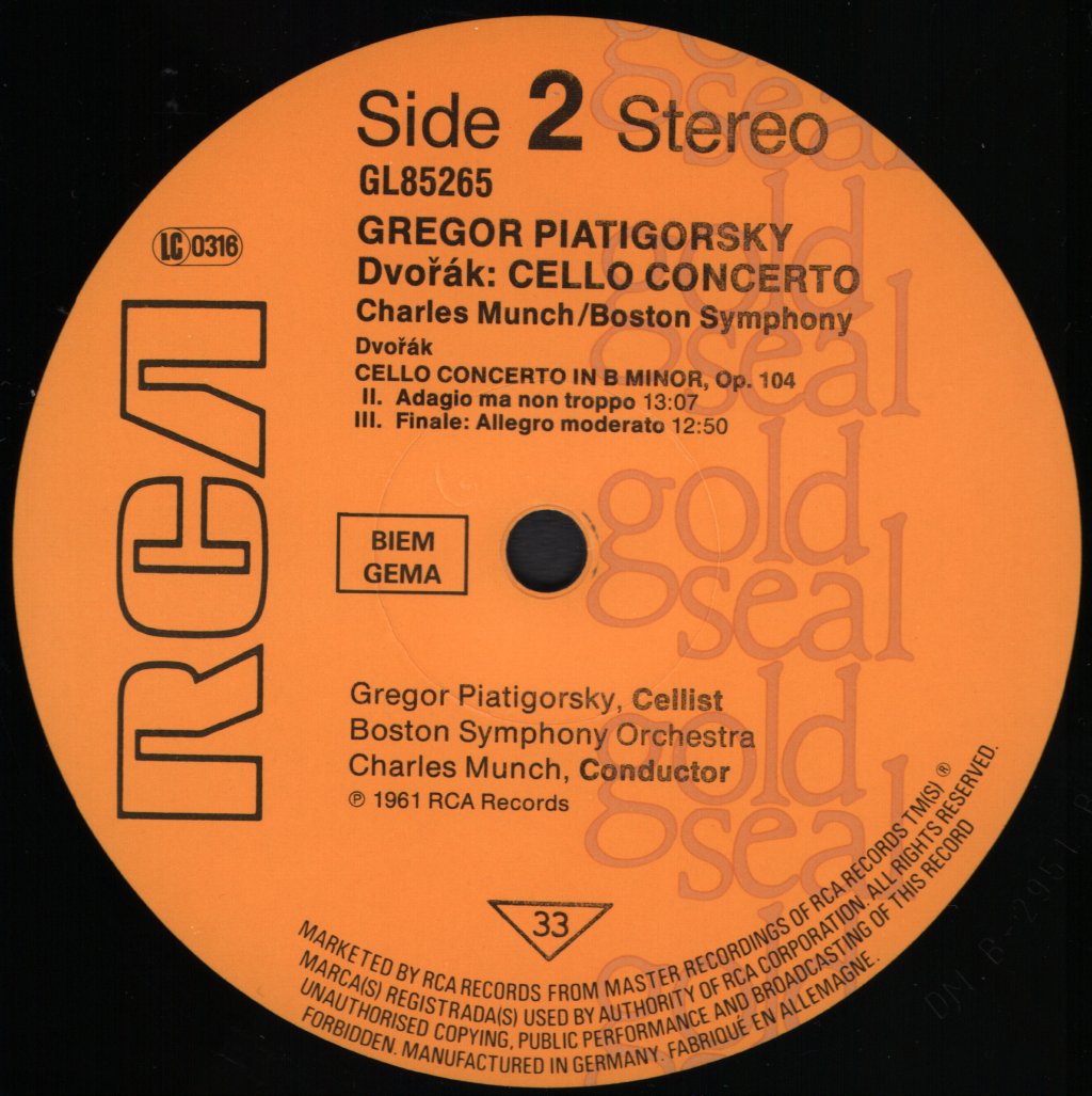 Gregor Piatigorsky / Charles Munch / Boston Symphony Orchestra - Dvorak Cello Concerto - Lp