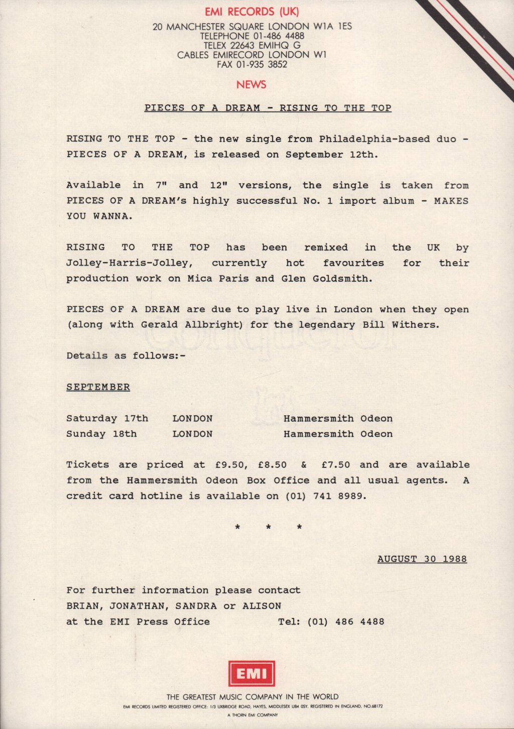 Pieces Of A Dream (Us Group) - Rising To The Top - Press Release