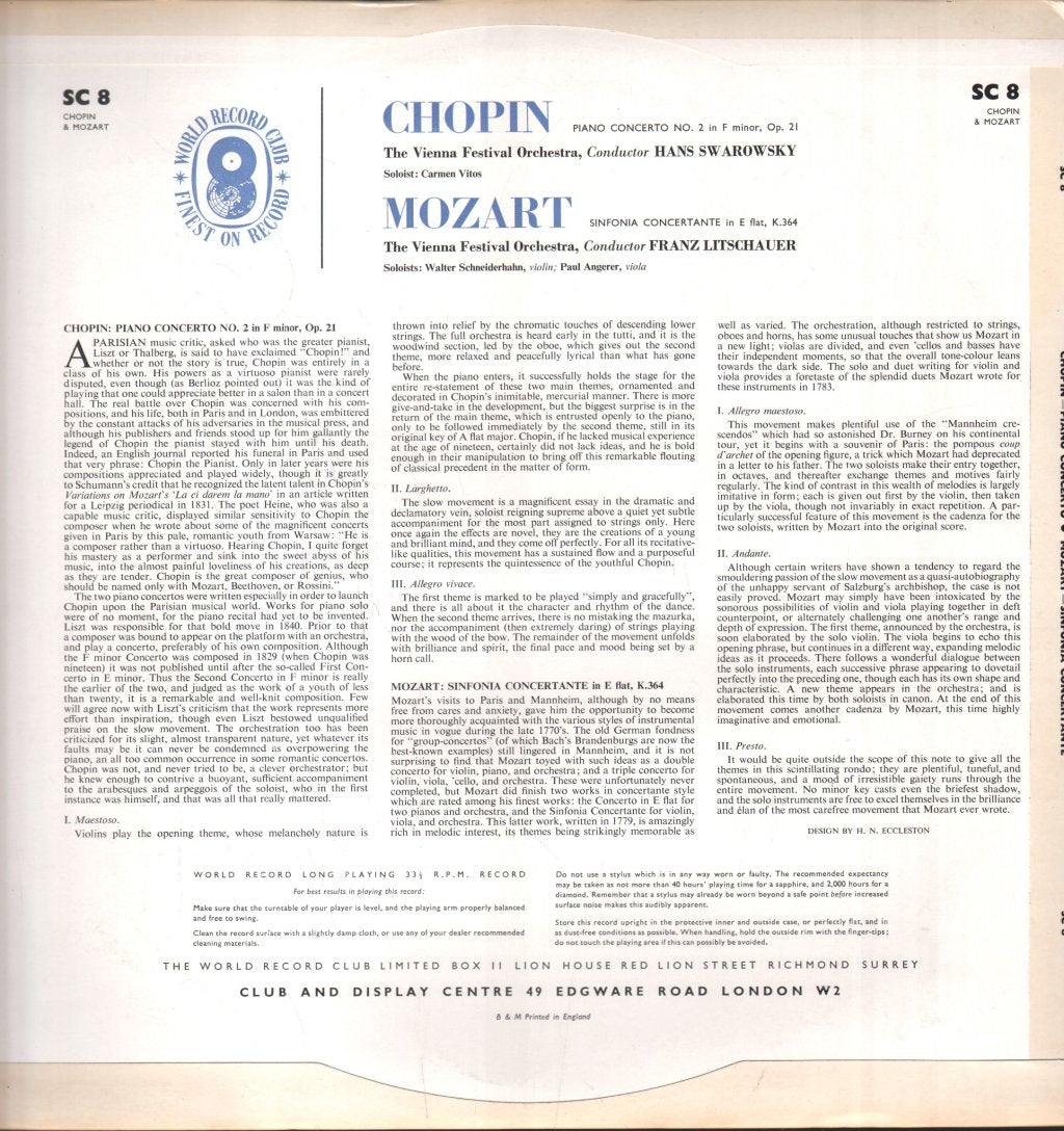 Carmen Vitos / Walter Schneiderhan / Vienna Festival Orchestra - Chopin - Piano Concerto No.2 / Mozart - Sinfonia Concertante For Violin & Viola - Lp