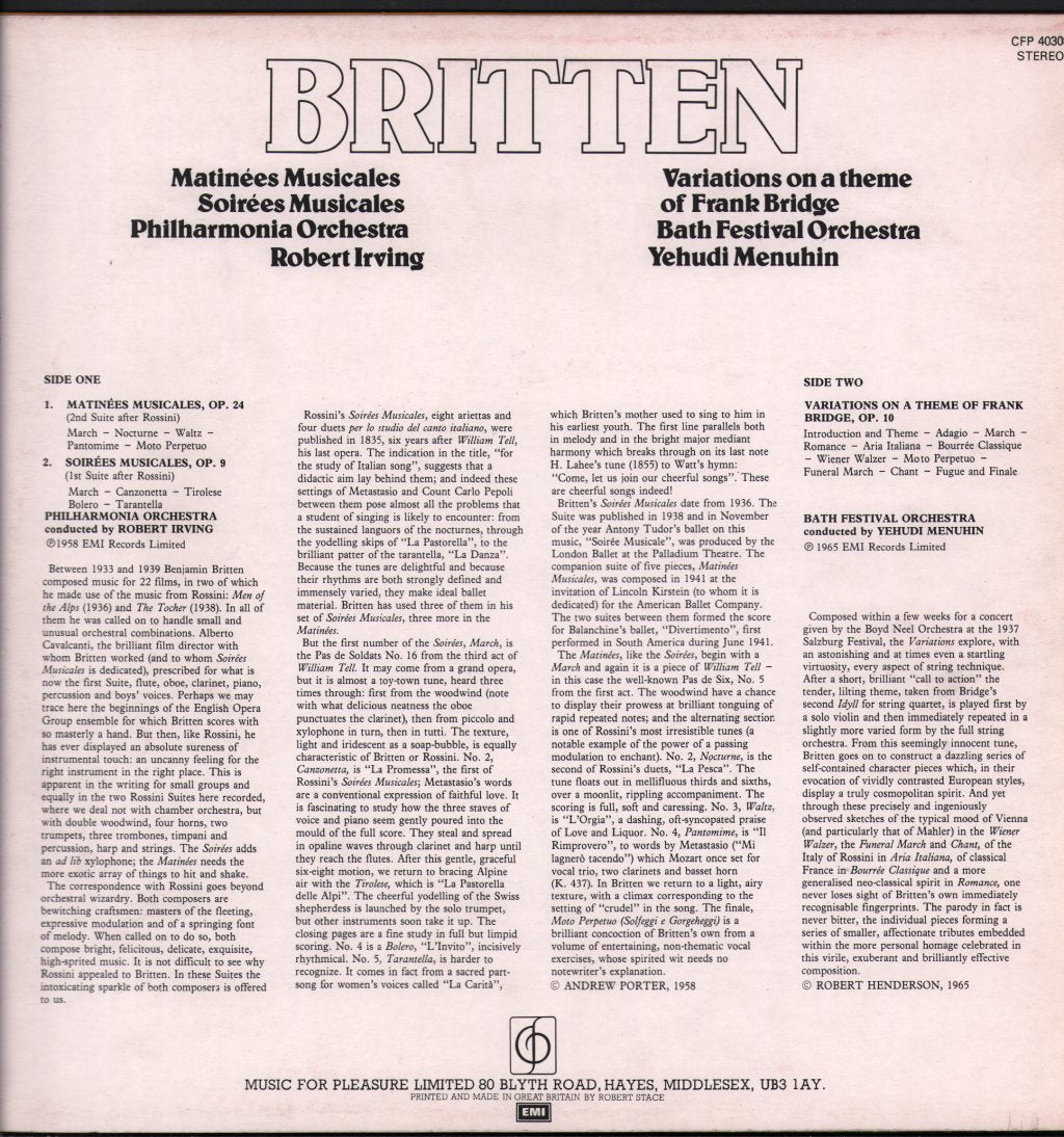 Robert Irving / Philharmonia Orchestra / Yehudi Menuhin - Britten - Matinees Musicales / Soirees Musicales - Lp