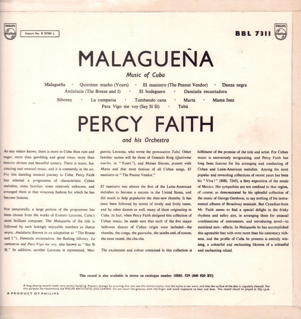 Percy Faith And His Orchestra - Malaguena (Music Of Cuba) - Lp