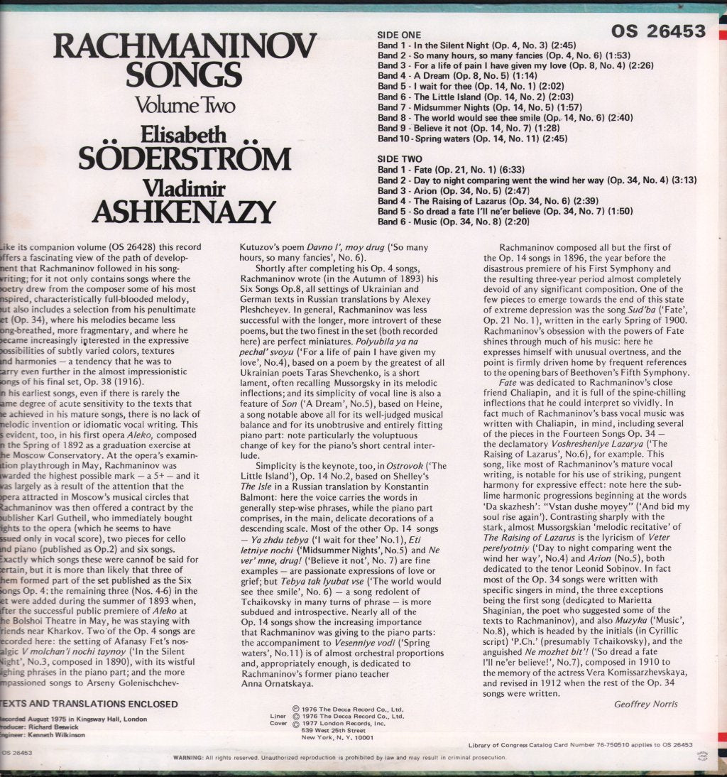 Elisabeth Soderstrom / Vladimir Ashkenazy - Rachmaninov Songs Volume Two - Lp