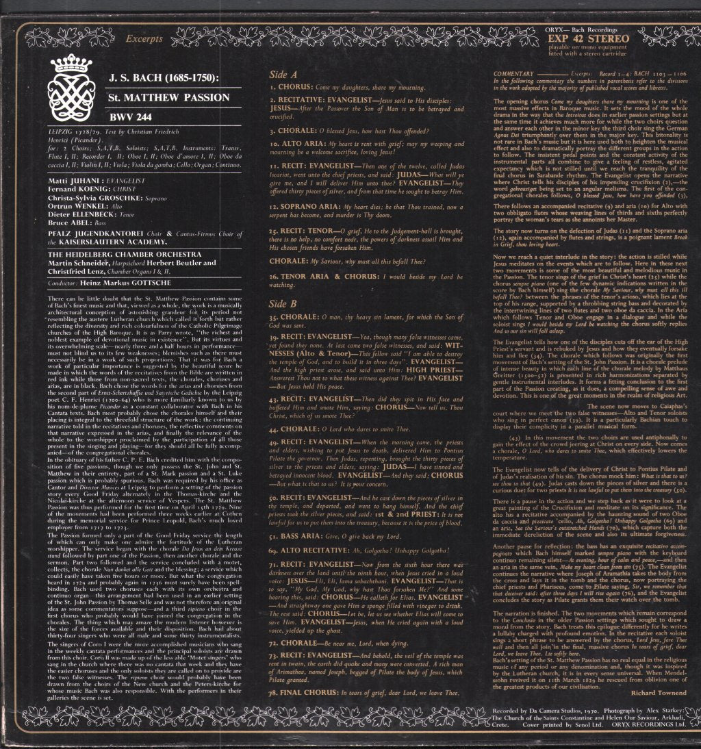Heidelberg Chamber Orchestra / Heinz Markus Gottsche - J.S. Bach -St. Matthew Passion BWV 244 (Excerpts) - Lp