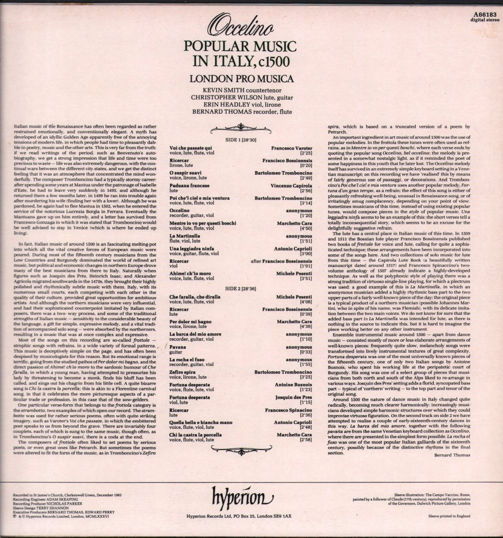 London Pro Musica / Kevin Smith / Christopher Wilson / Erin Headley / Bernard Thomas - Occelino - Popular Music In Italy, c1500 - Lp