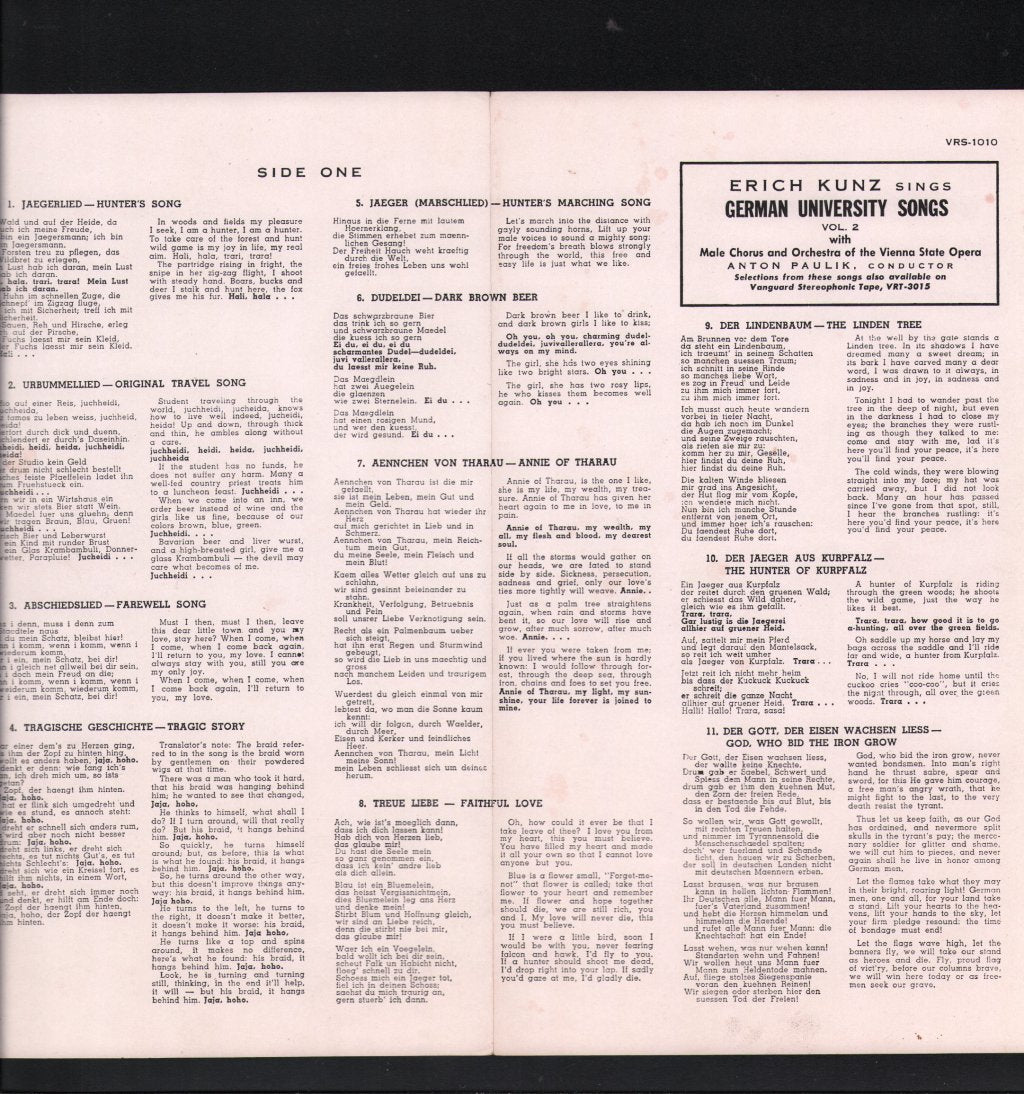 Erich Kunz - Erich Kunz Sings German University Songs Of Wooing, Wit And Wanderlust, Vol. 2 - Lp
