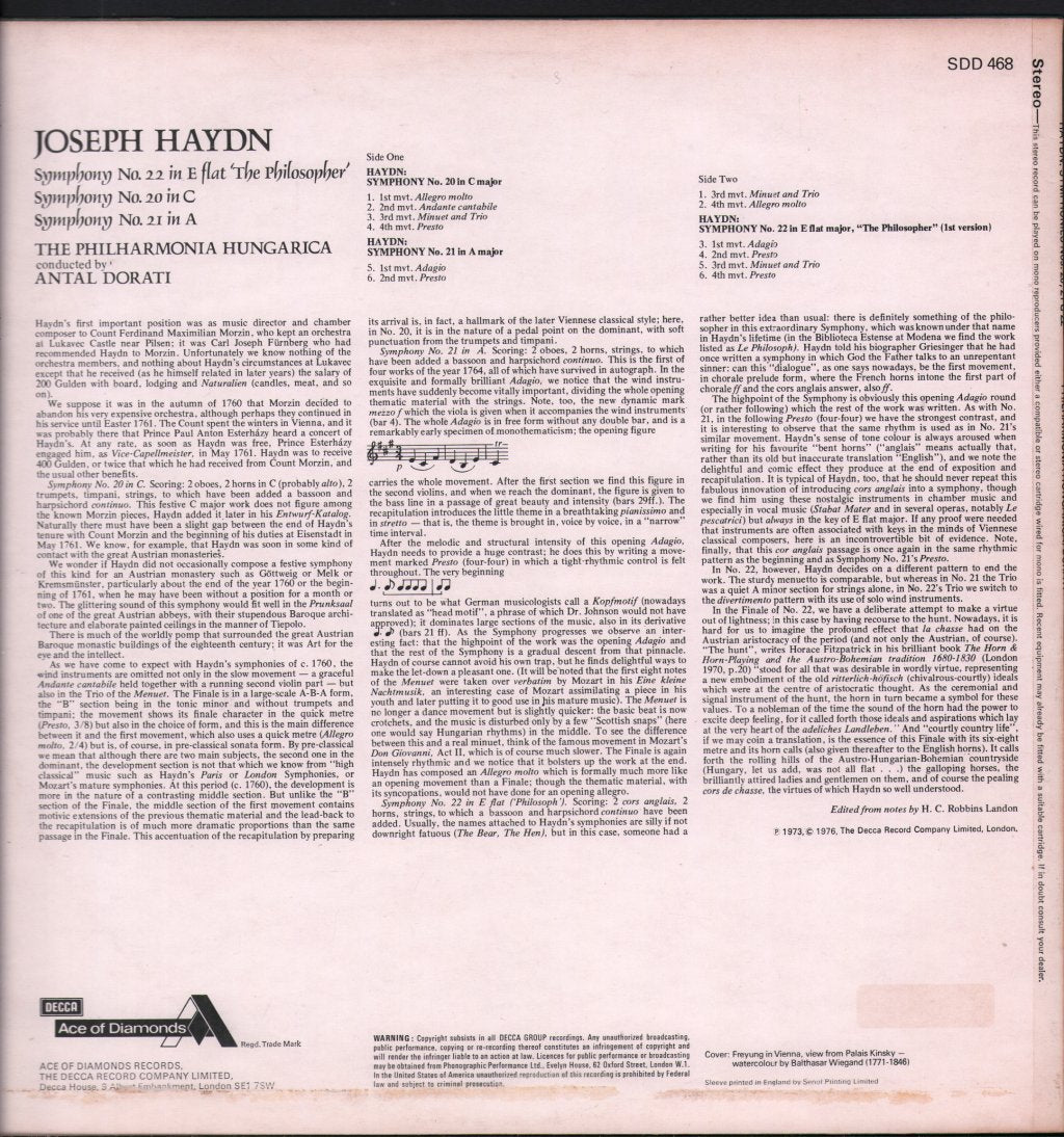 Antal Dorati / Philharmonia Hungarica - Joseph Haydn - Symphony No. 22 In E Flat "The Philosopher" / Symphony No. 20 In C / Symphony No. 21 In A - Lp