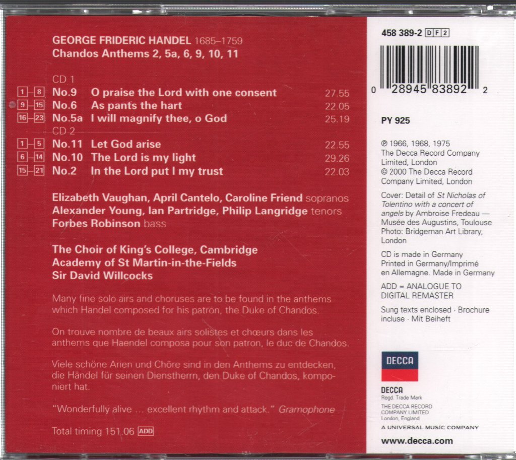 Georg Friedrich Händel - Handel From King's • Chandos Anthems 2, 5A, 6, 9, 10 & 11 - Double Cd