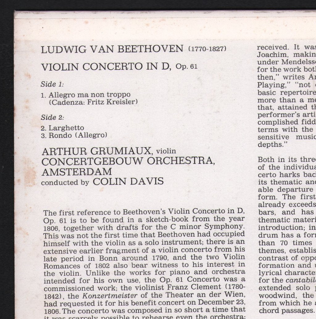 Arthur Grumiaux / Colin Davis / Concertgebouw Orchestra, Amsterdam - Beethoven - Violin Concerto - Lp