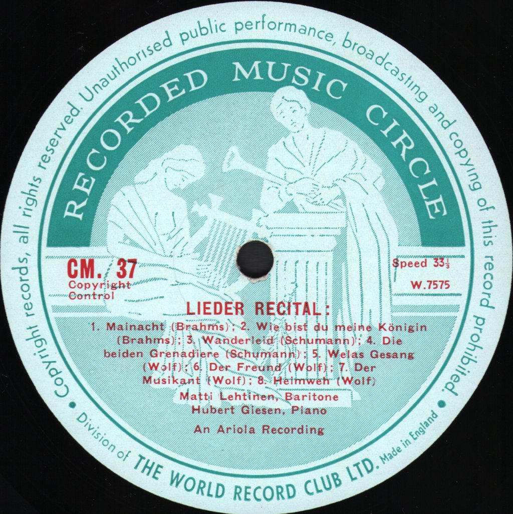 Matti Lehtinen / Hubert Giesen - Lieder Recital - Lp