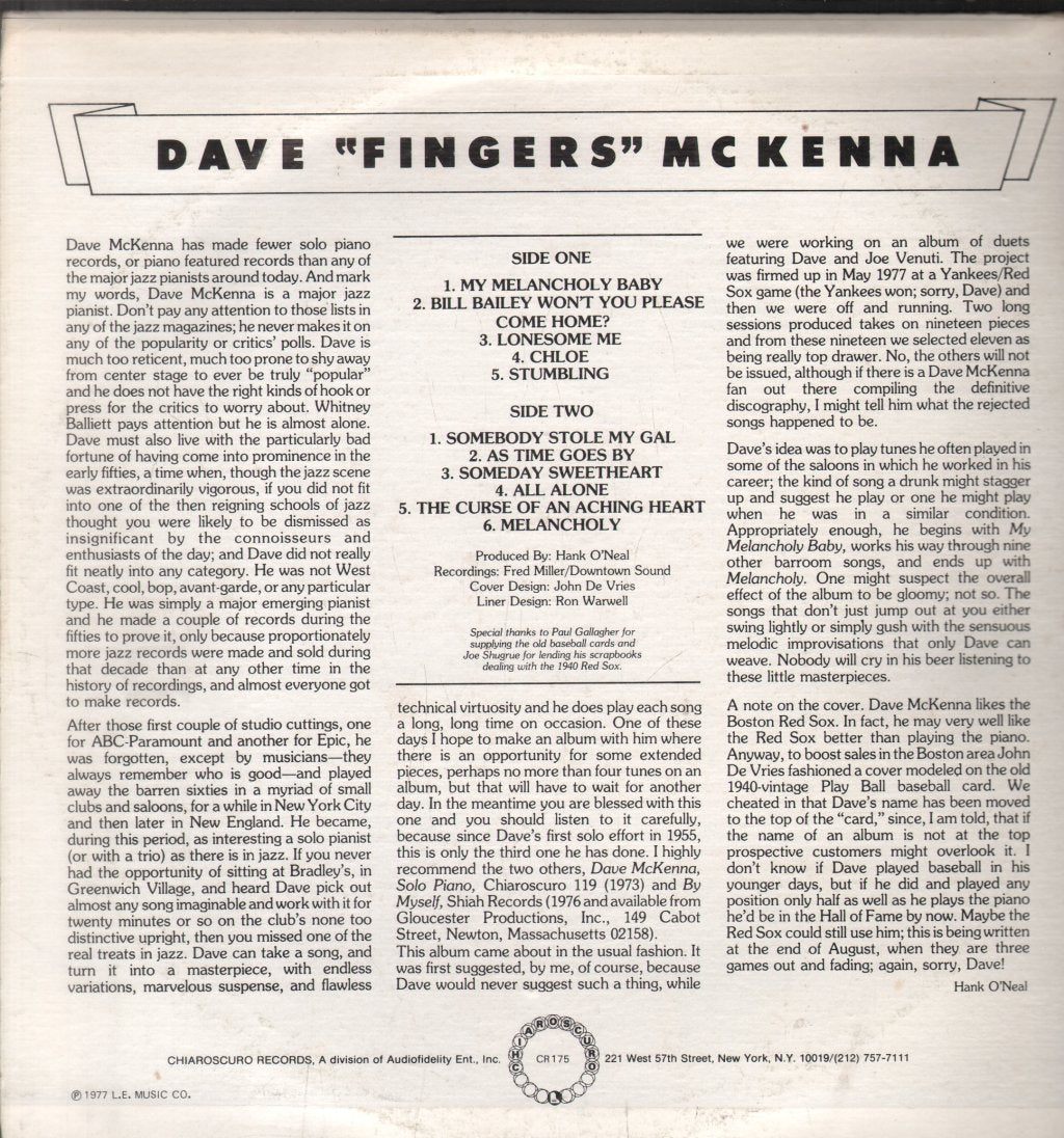 Dave Mckenna - Dave "Fingers" McKenna - Lp