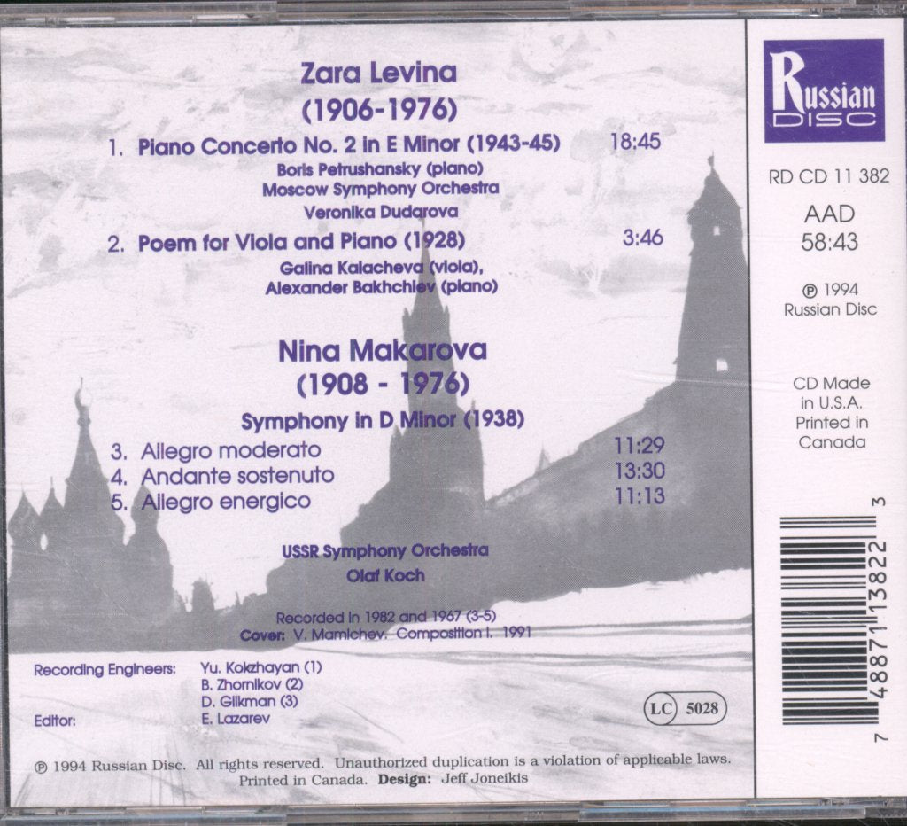 USSR Symphony Orchestra - Nina Makarova / Zara Levina - Symphony In D Minor / Piano Concerto No. 2 - Cd
