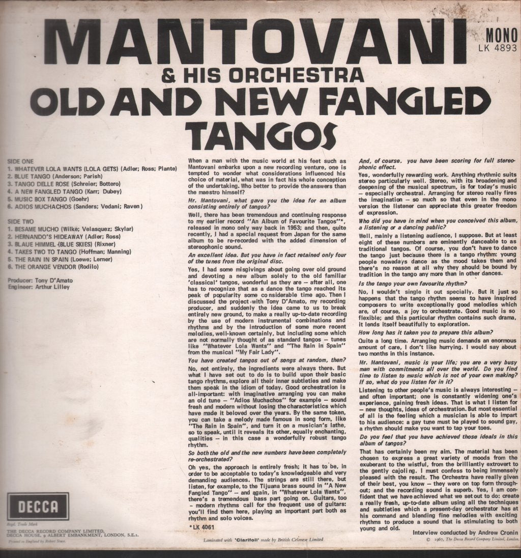Mantovani And His Orchestra - Old And New Fangled Tangos - Lp