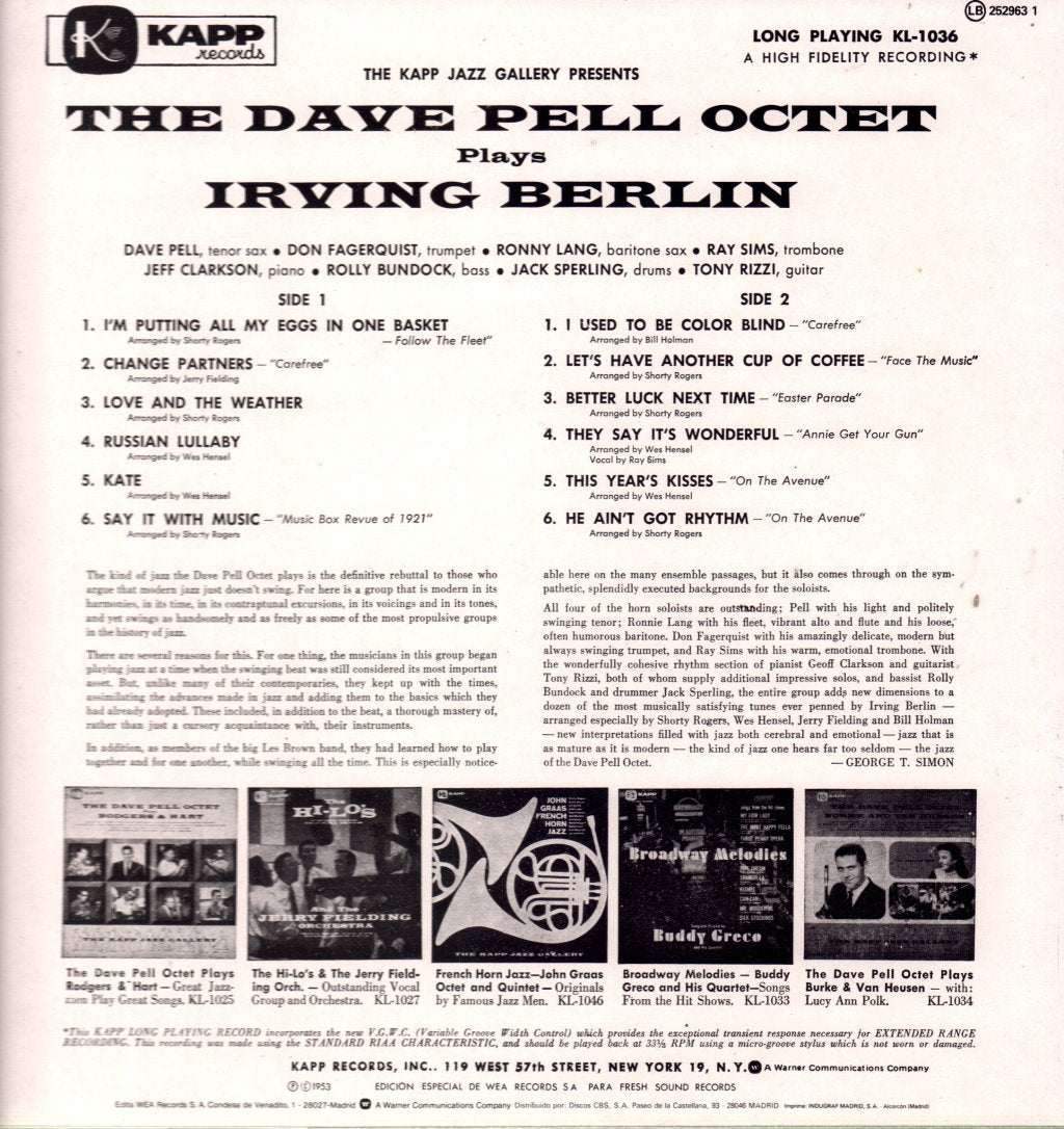 Dave Pell Octet - Plays Irving Berlin - Lp