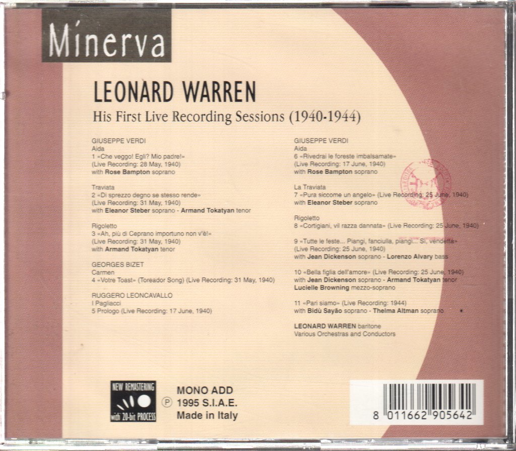 Leonnard Warren - First Recording Sessions 1940-1944 - Cd