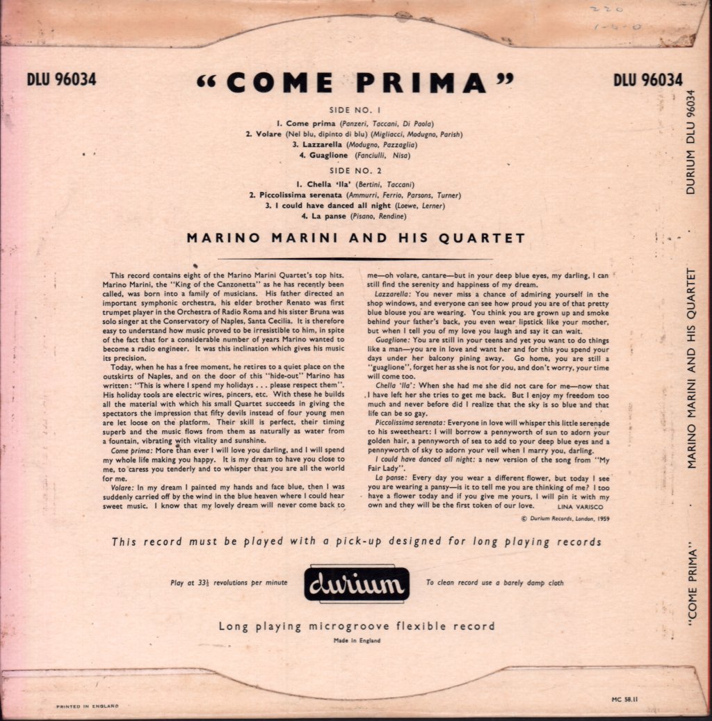 Marino Marini Quartet - Come Prima - 10 Inch