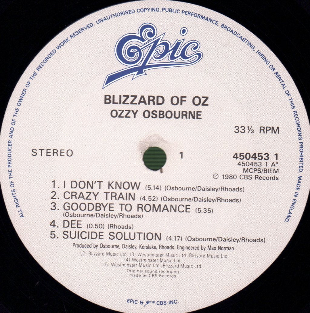 Ozzy Osbourne - Blizzard Of Ozz - Lp