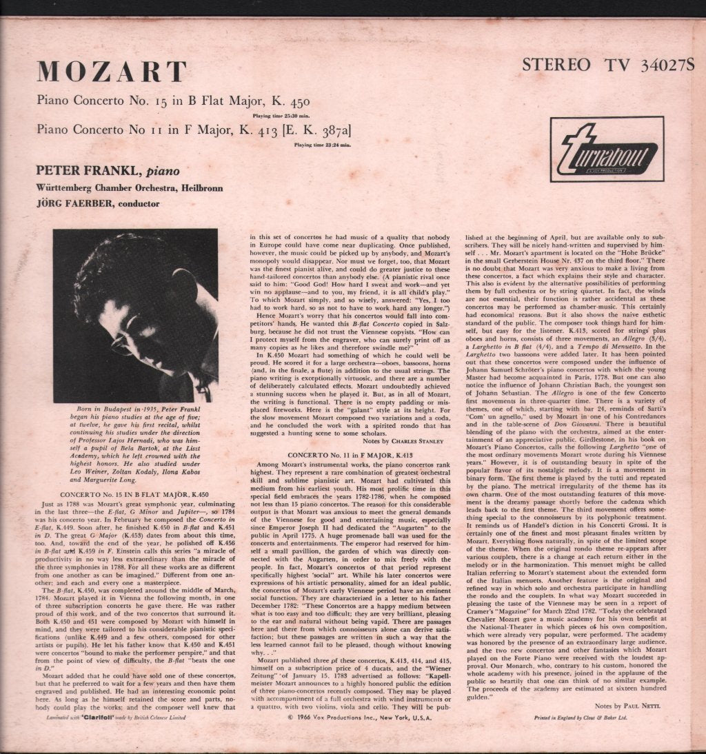 Peter Frankl / Jorg Faerber / Wurttemberg Chamber Orchestra - Mozart - Piano Concerto No 15 In B Flat Major, K. 450 /  Piano Concerto No 11 In F Major, K. 413 - Lp
