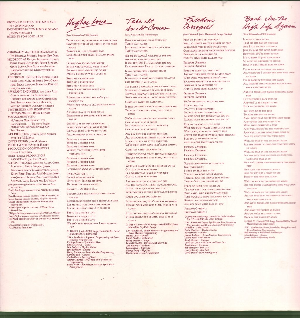 Steve Winwood - Back In The High Life - Lp