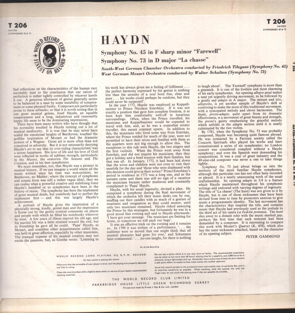 West German Mozart Orchestra / Walter Schulten - Haydn - Symphony No. 45 / Symphony No. 73 - Lp