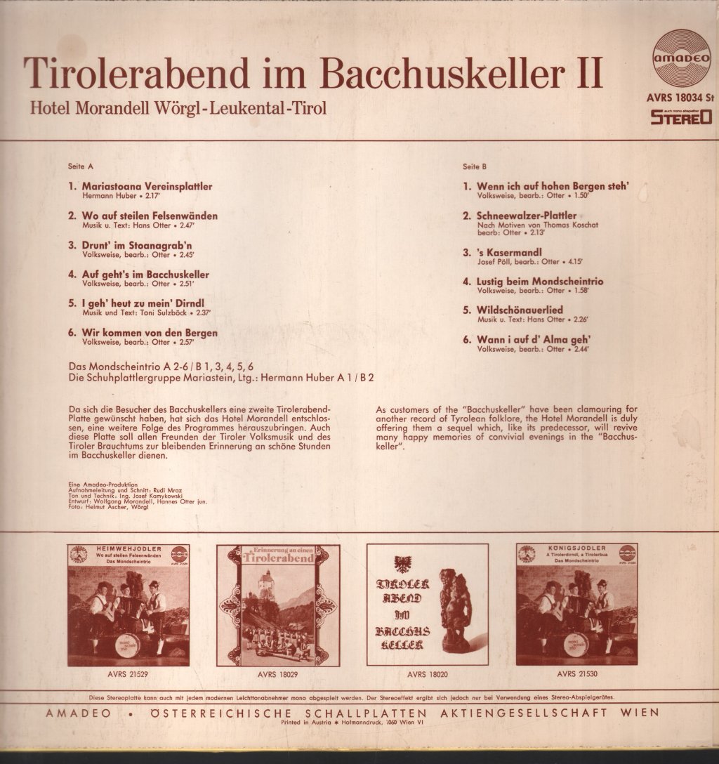 Mondscheintrio / Die Schuhplattlergruppe Mariastein - Tirolerabend Im Bacchuskeller Nr. II - Lp