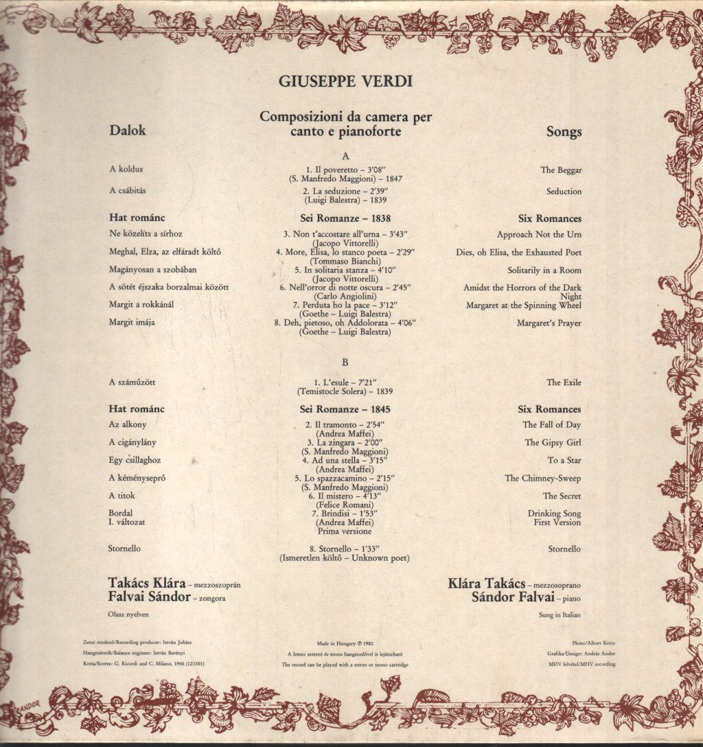 Klara Takacs / Sandor Falvai - Verdi Songs - Lp