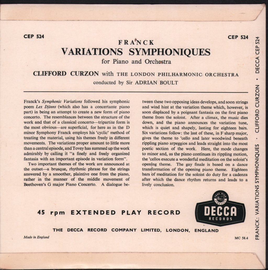 Clifford Curzon / Sir Adrian Boult / London Philharmonic Orchestra - Franck - Variations Symphoniques For Piano And Orchestra - 7 Inch