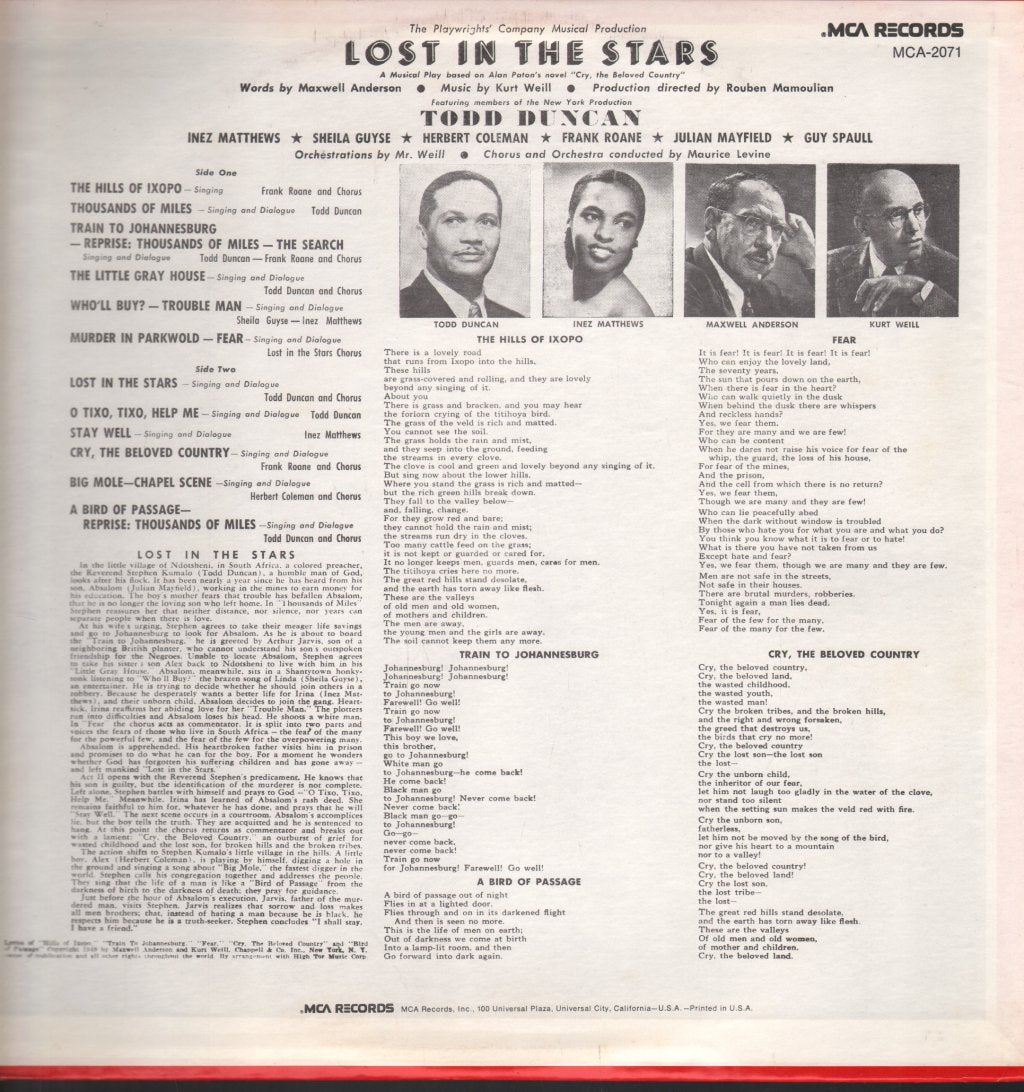 Lost In The Stars - Musical play based on Cry the Beloved Country - Lp