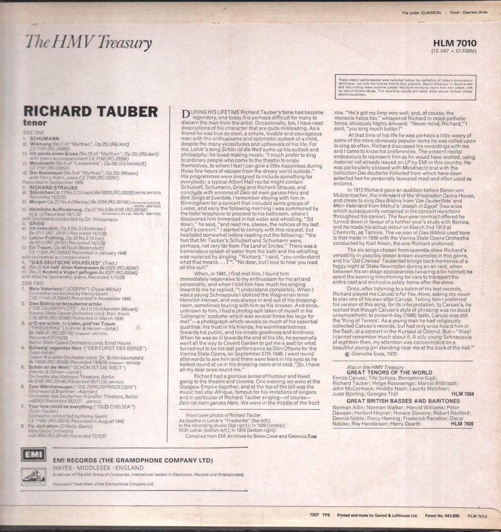 Richard Tauber - Arias And Songs By Grieg / Kalman / Lehar / Mozart - Lp