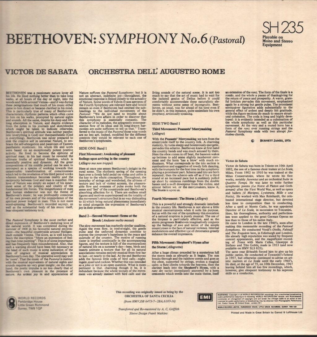 Orchestra Dell' Augusteo Rome / Victor De Sabata - Beethoven Symphony No.6 Pastoral - Lp