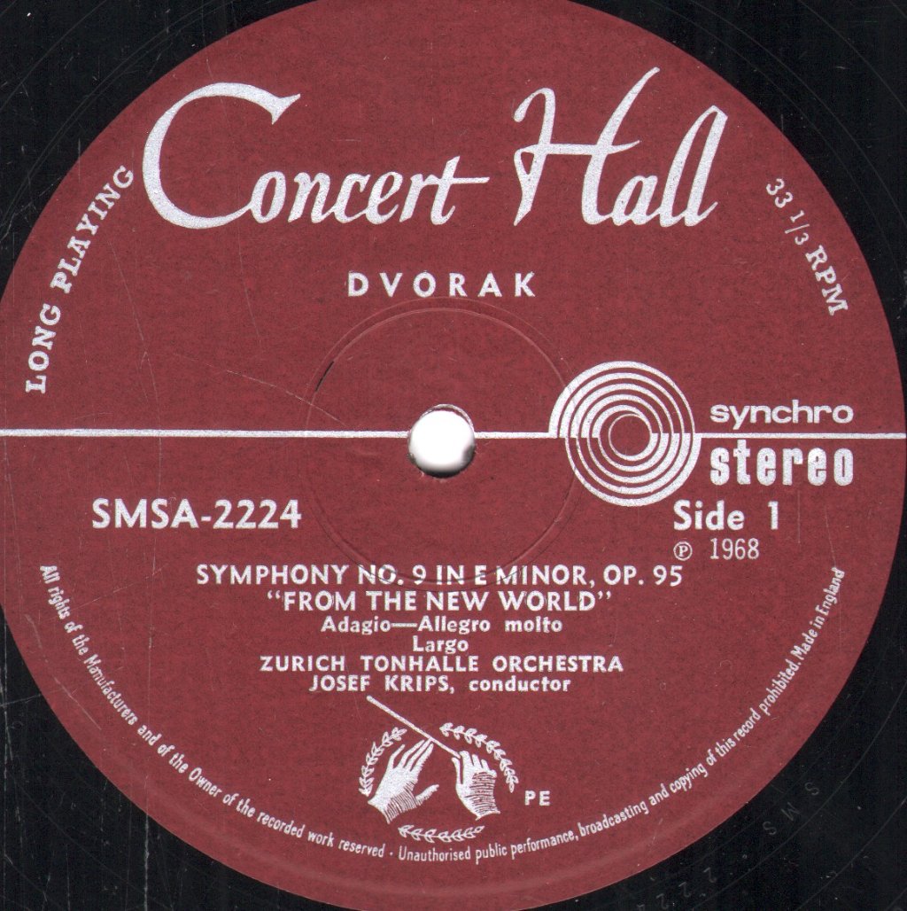 Josef Krips / Zurich Tonhalle Orchestra - Dvorak New World Symphony Symphony No.9 In E Minor Opus 95 - Lp