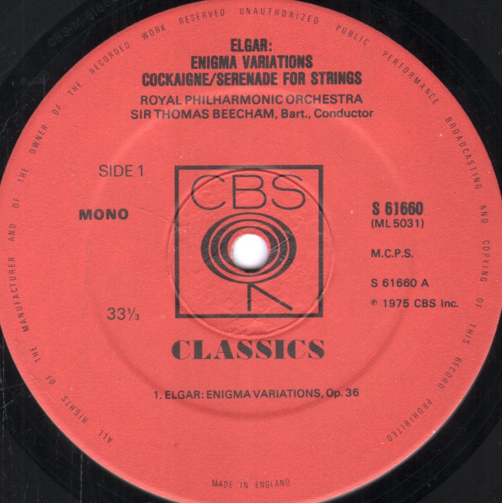 Sir Thomas Beecham / Royal Philharmonic Orchestra - Elgar - Enigma Variations / Cockaigne Overture, Op. 40 - Serenade For String Orchestra, Op. 20 - Lp