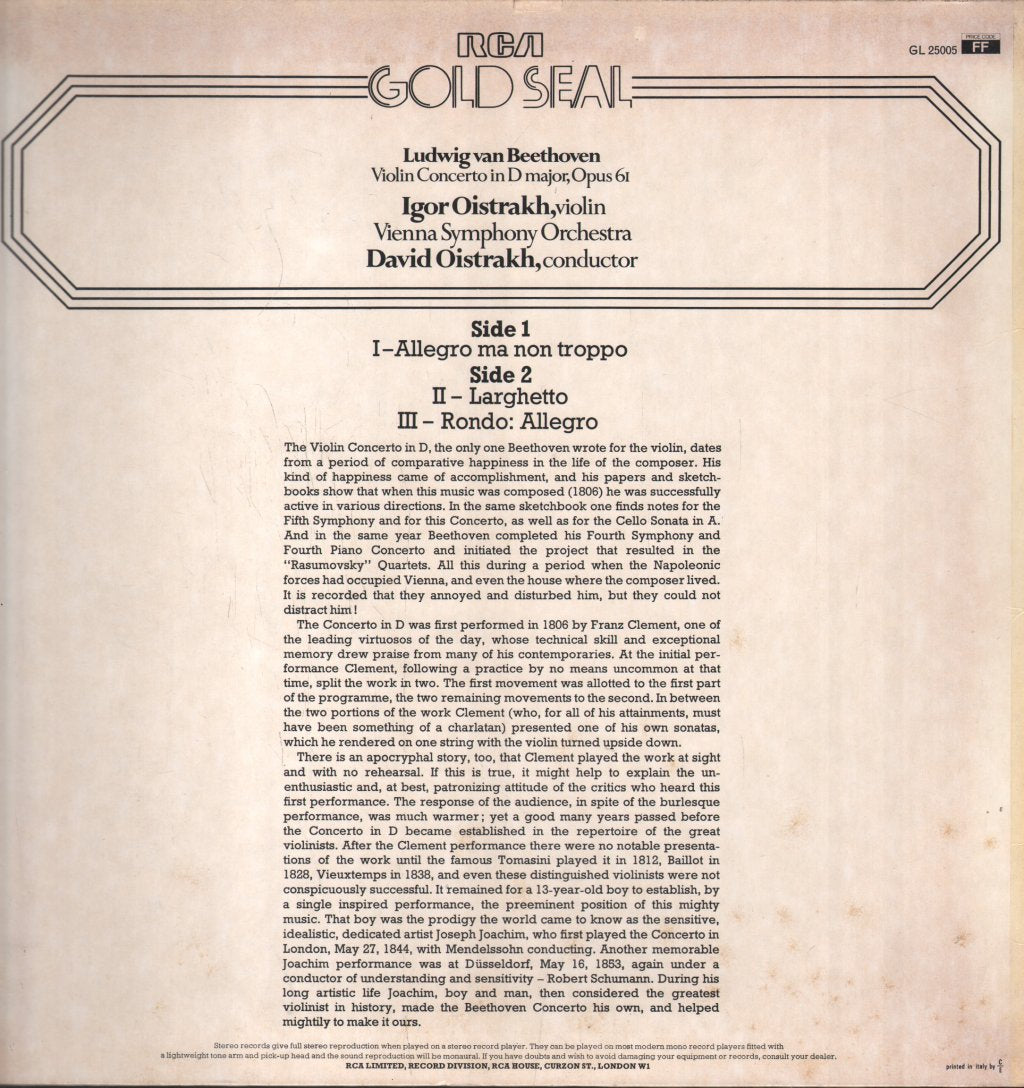 Igor Oistrakh / David Oistrakh / Vienna Symphony Orchestra - Beethoven - Violin Concerto - Lp