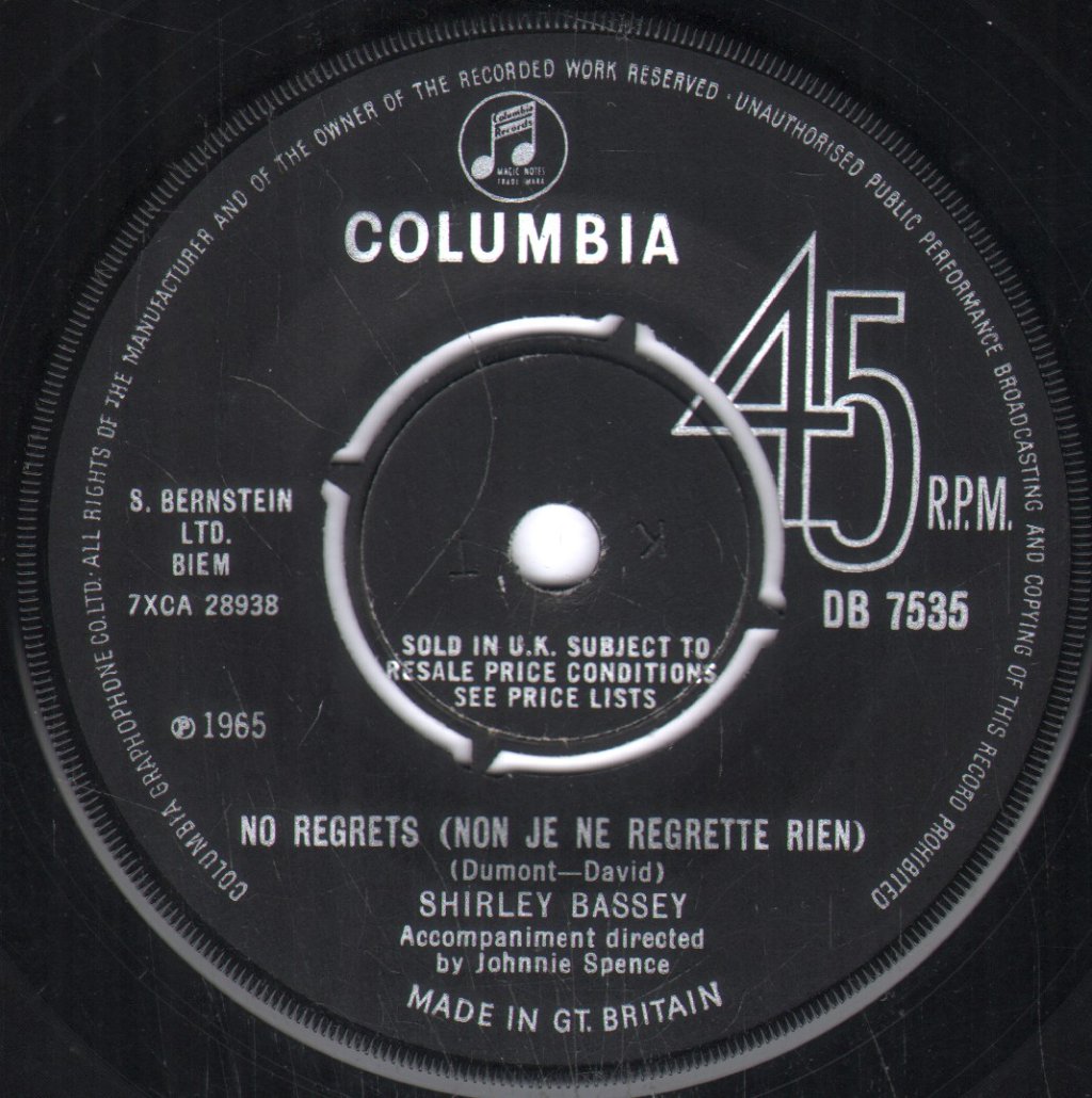 Shirley Bassey - No Regrets - 7 Inch