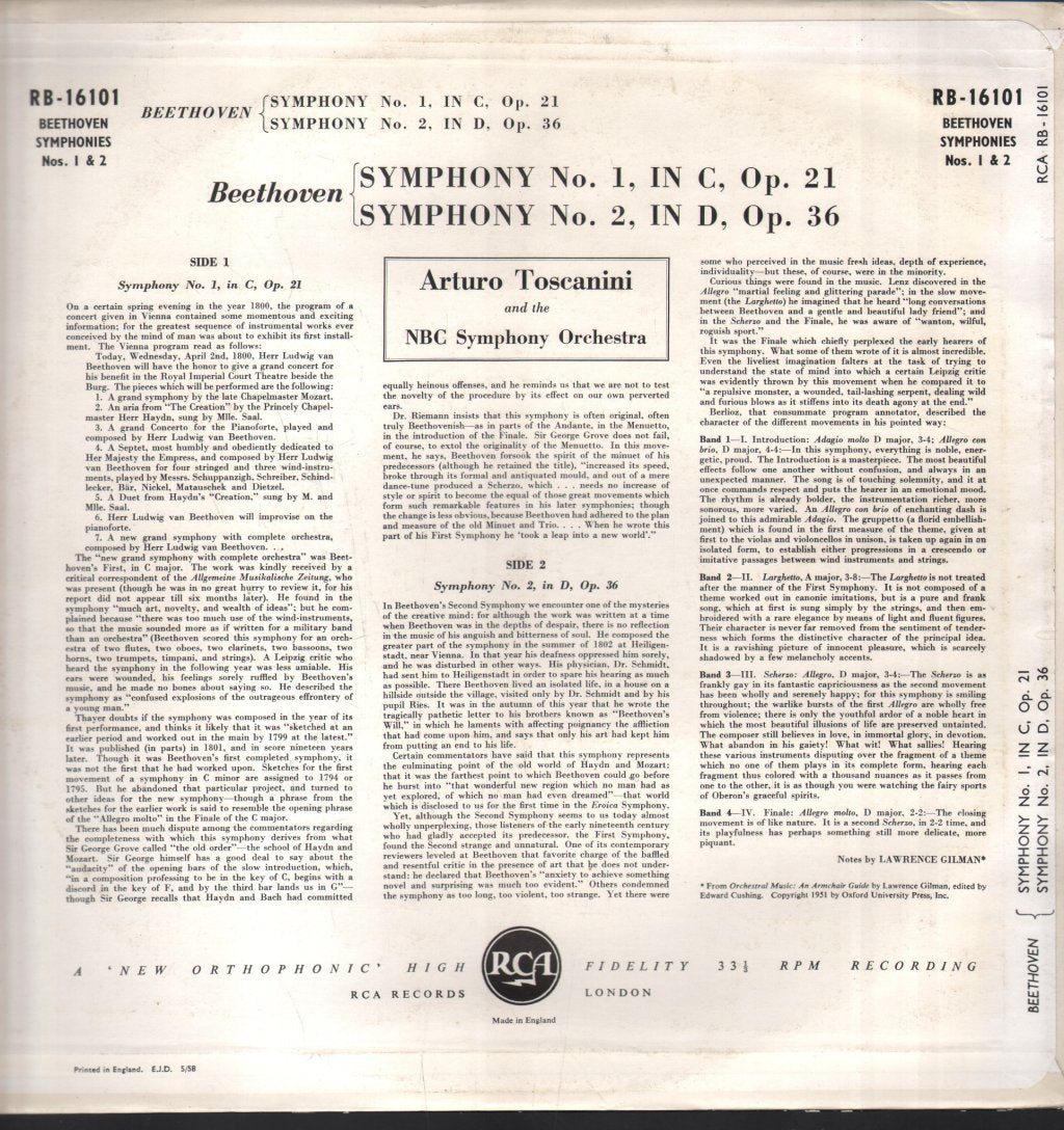 Arturo Toscanini - Beethoven Symphonies No.1 And No.2 - Lp