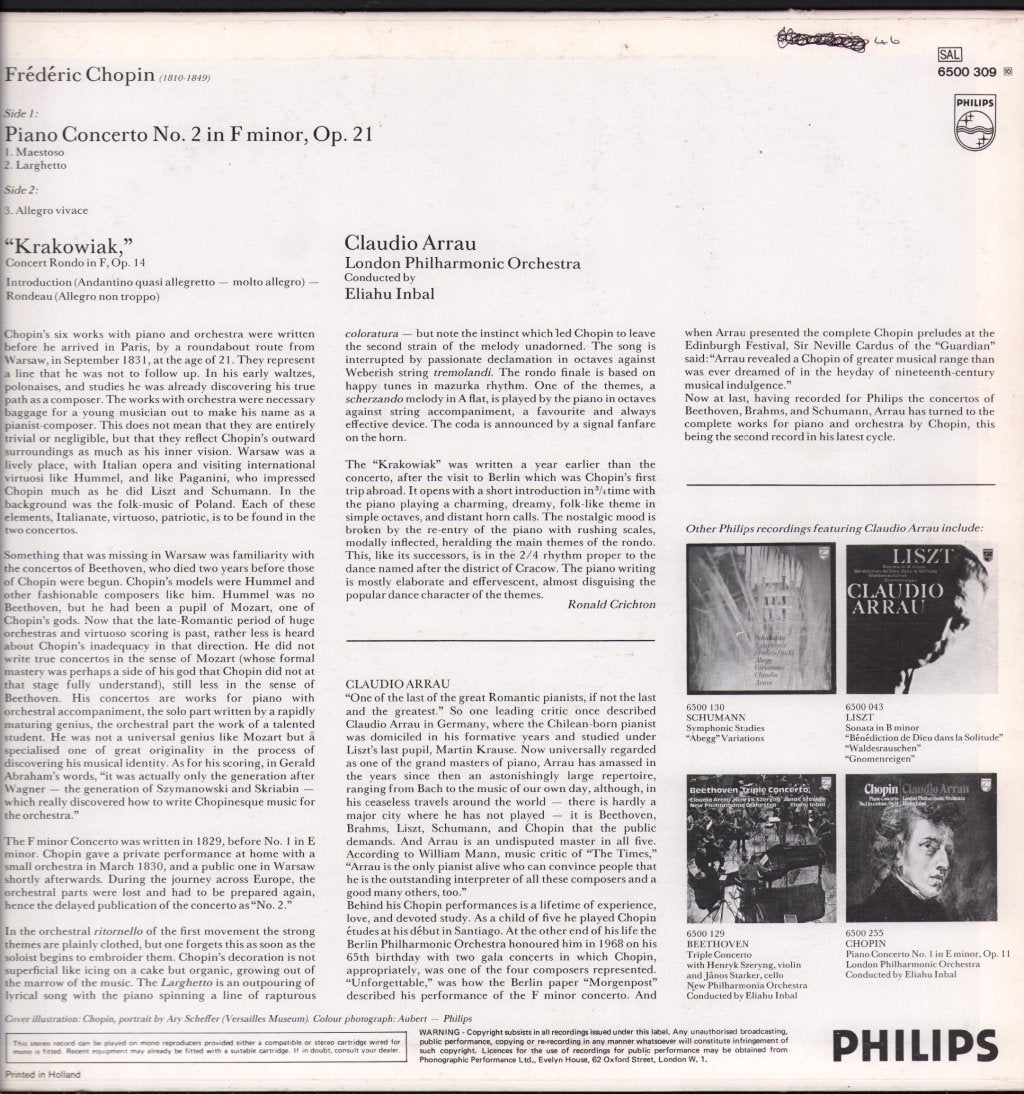 Claudio Arrau / London Philharmonic Orchestra / Eliahu Inbal - Chopin - Piano Concerto N°2 En F Minor, Op. 21/"Krakowiak", Op. 14 - Lp