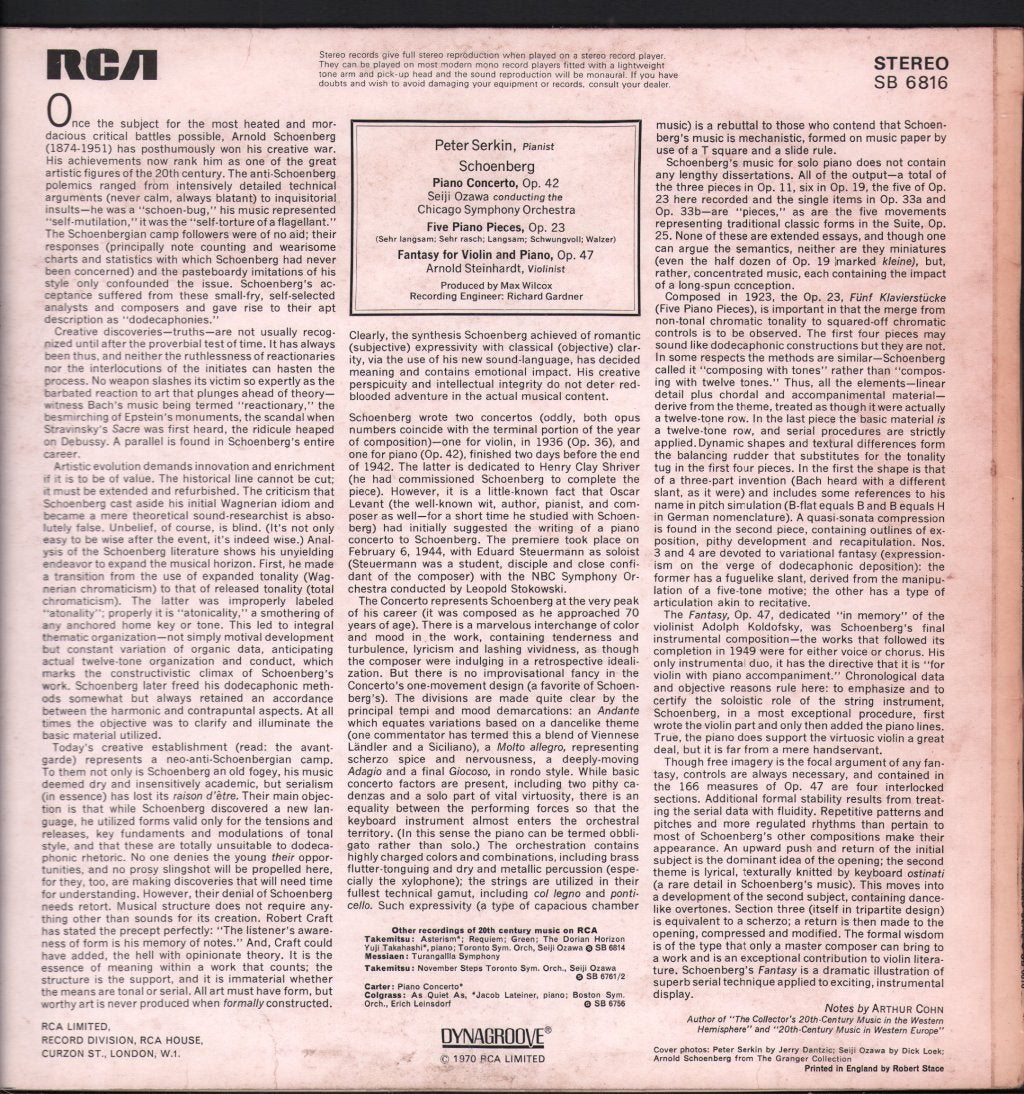 Peter Serkin / Seiji Ozawa / Chicago Symphony Orchestra / Arnold Steinhardt - Schoenberg - Piano Concerto Op 42 Piano Pieces Op 23 - Lp