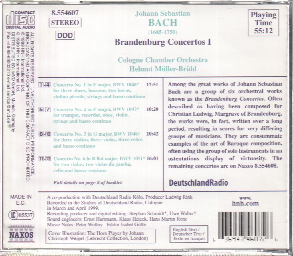 Cologne Chamber Orchestra, Helmut Müller-Brühl - Bach - Brandenburg Concertos I - Cd
