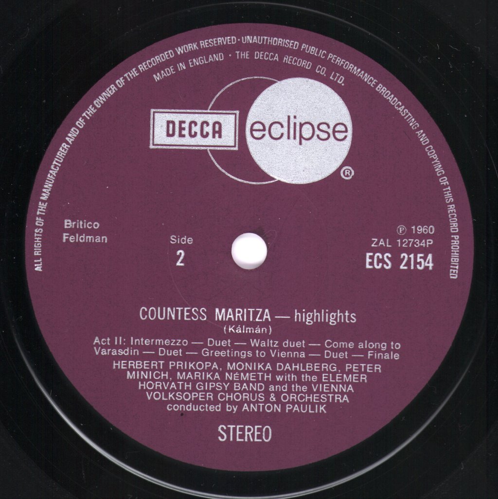 Vienna Volksoper Chorus & Orchestra / Anton Paulik - Kalman - Countess Maritza - Highlights - Lp