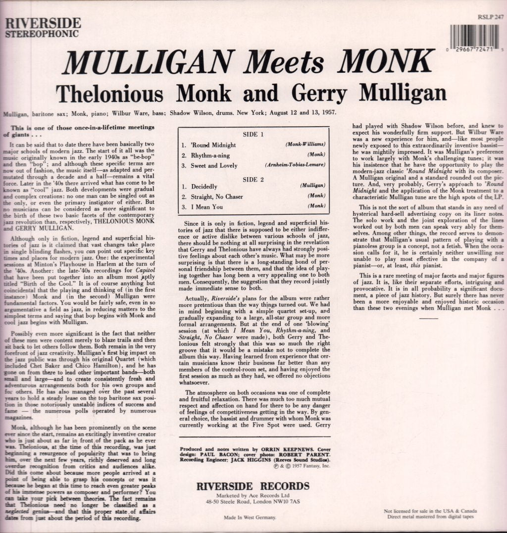 Thelonious Monk And Gerry Mulligan - Mulligan Meets Monk - Lp