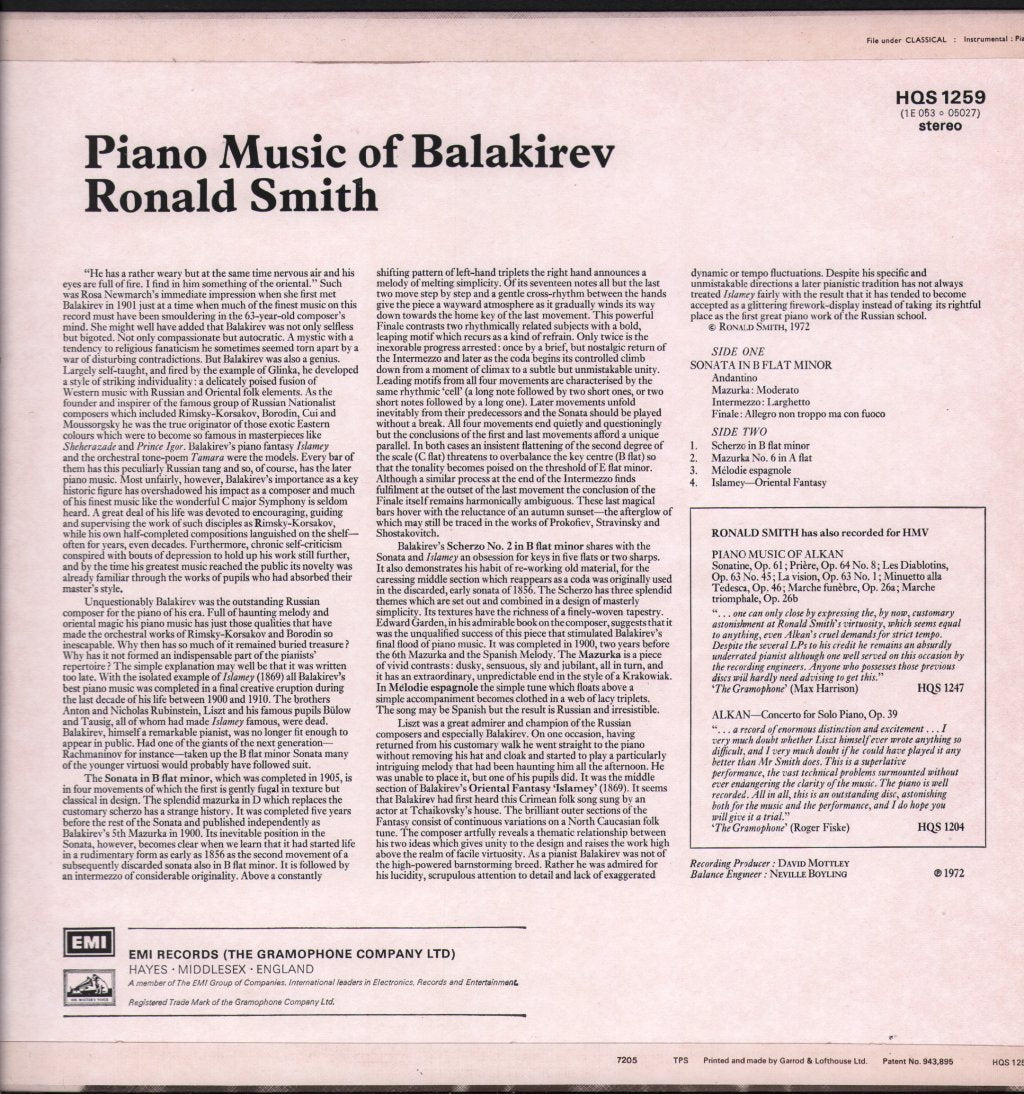 Ronald Smith - Piano Music Of Balakirev - Lp