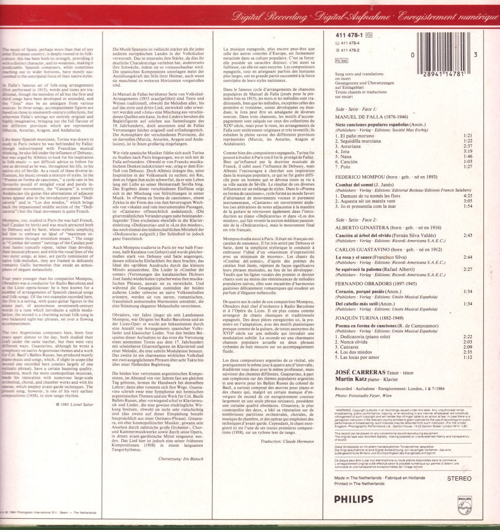 Jose Carreras - Canciones Españolas - Lp