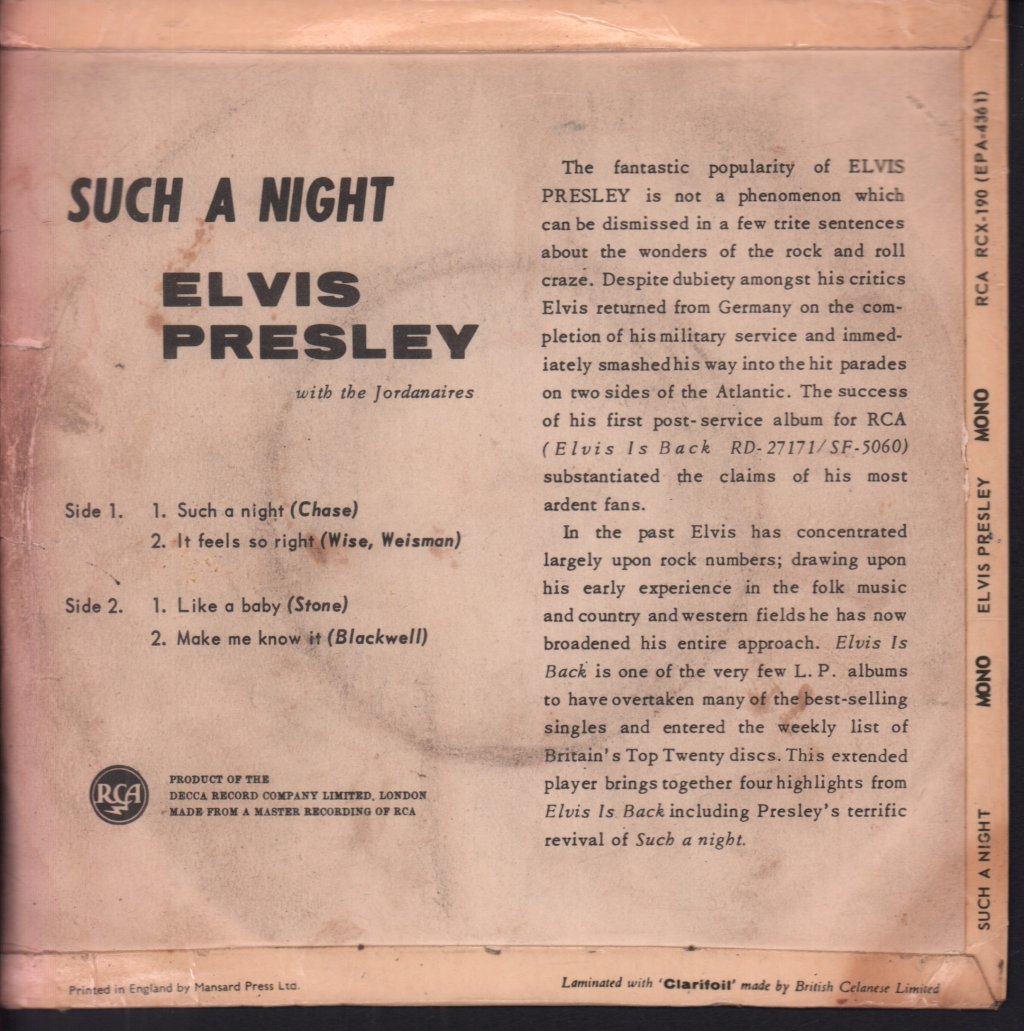 Elvis Presley - Such A Night - 7 Inch