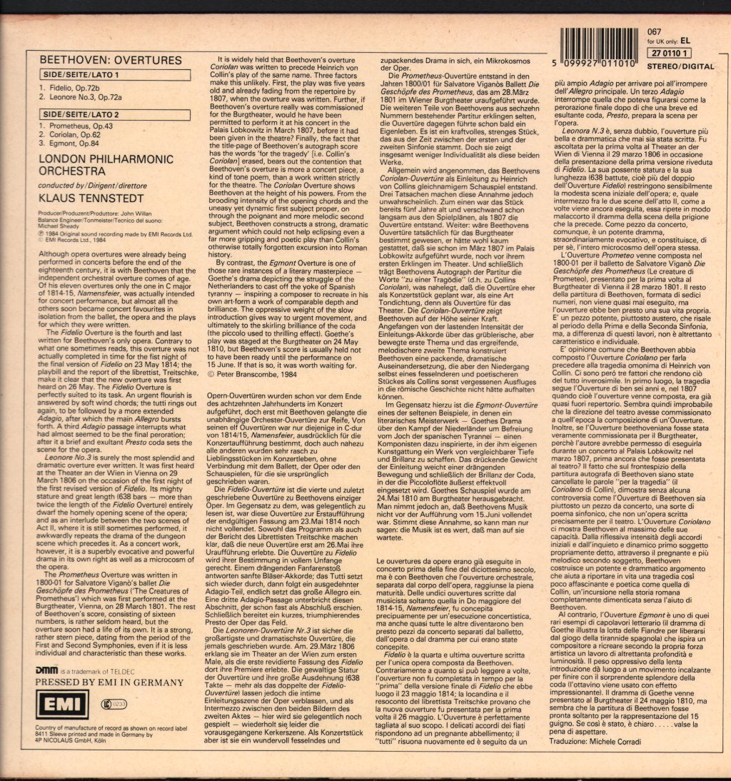 Klaus Tennstedt / London Philharmonic Orchestra - Beethoven Overtures - Lp