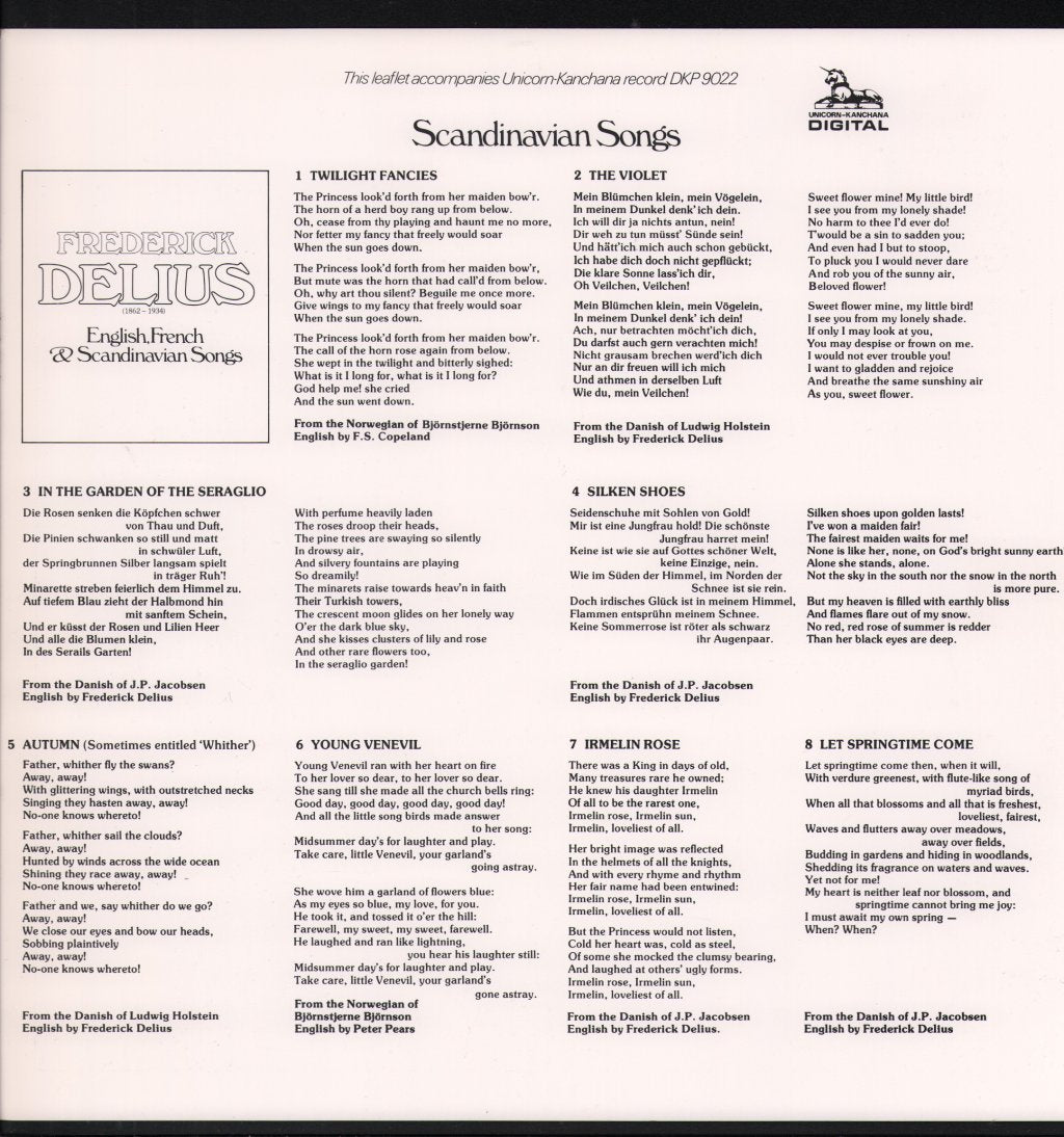 Felicity Lott / Sarah Walker / Anthony Rolfe Johnson / Eric Fenby - Frederick Delius - English, French & Scandinavian Songs - Lp