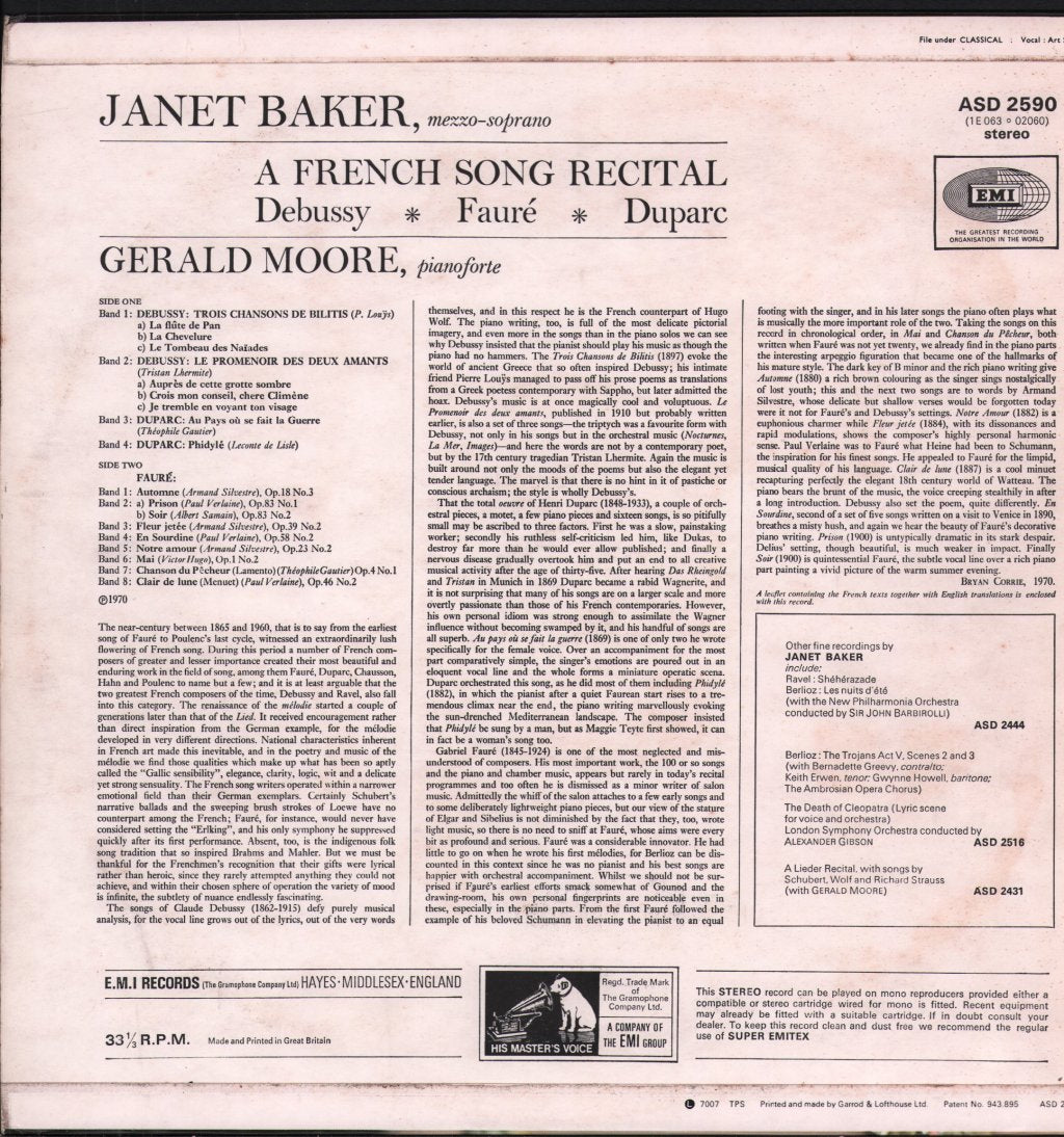Janet Baker / Gerald Moore - A French Song Recital - Debussy / Fauré / Duparc - Lp