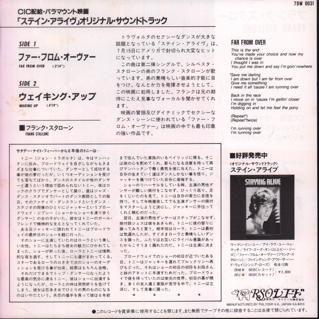 Frank Stallone - Far From Over - 7 Inch