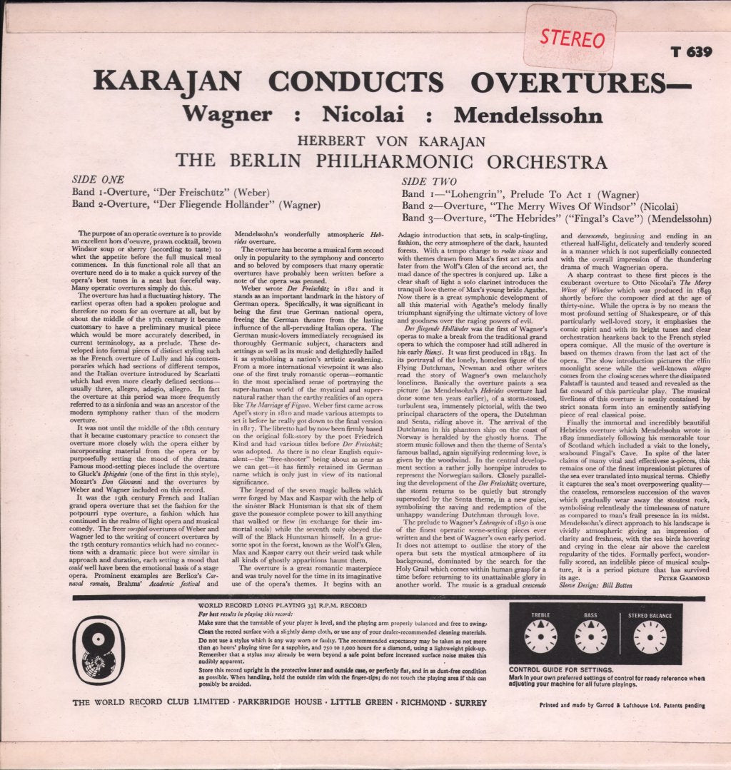 Herbert Von Karajan / Berlin Philharmonic Orchestra - Karajan Conducts Overtures - Lp